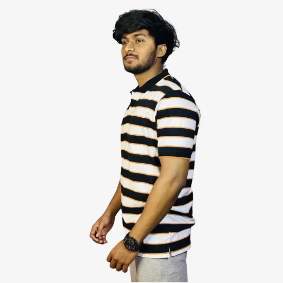 Men's Black White Orange Striped Polo T-Shirt | Premium Cotton Regular Fit